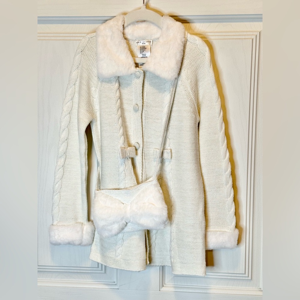 Max Studio White Knit Coat with Faux Fur Trim